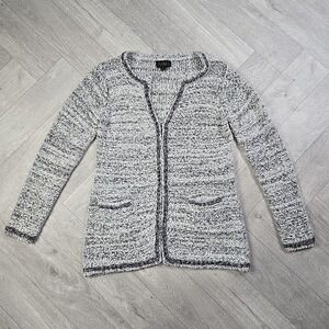 IMAN Women's Large Gray Sequin Open Front Long Sleeve Cardigan Clasps Cozy Knit